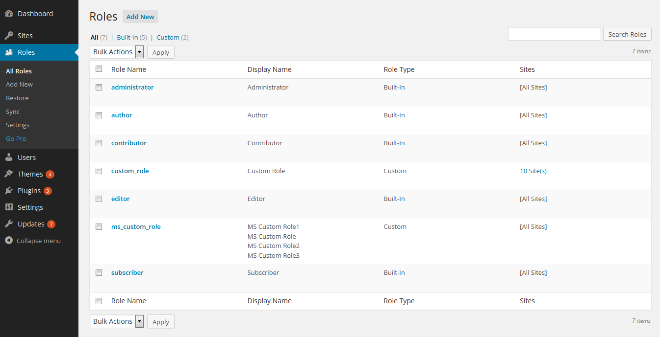 WordPress Multisite Roles List